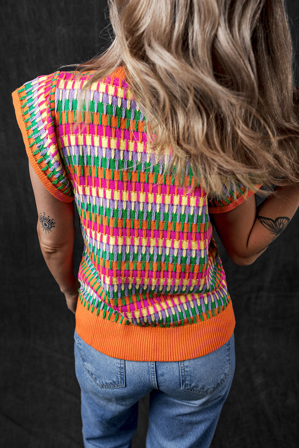 Orange Multicolor Flutter Sleeve Knitted Sweater Top