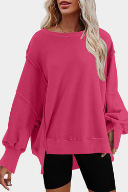 Pink Sweatshirt with Exposed Seams, Dropped Shoulders, Slit, High Low Hem