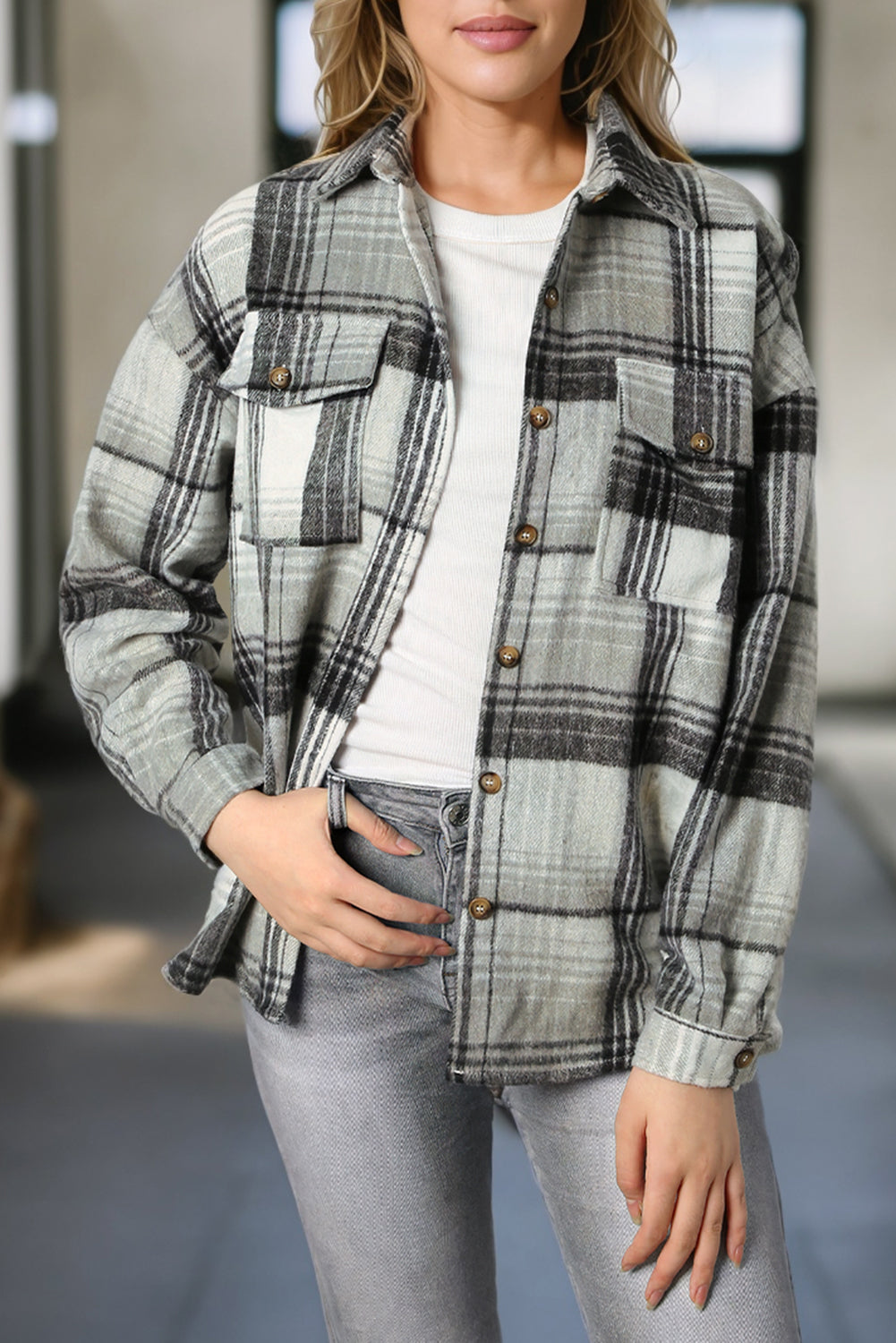 Medium Grey Plaid Flap Pockets Shacket