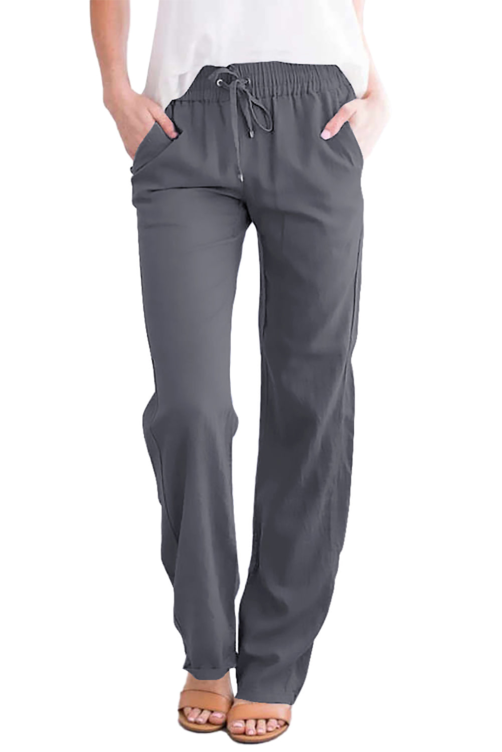 Pantalon avec cordon de serrage et poches élastiques à la taille, longues jambes droites gris