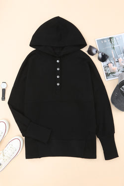 Black Henley Hoodie with Pockets and Batwing Sleeves