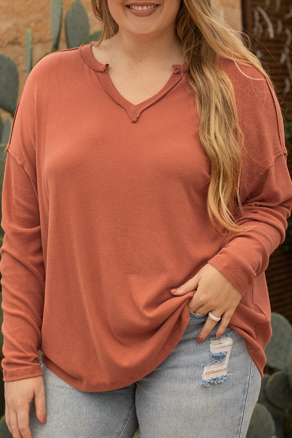 Gold Flame - Plus Size Exposed Seam V-Neck Long Sleeve Top