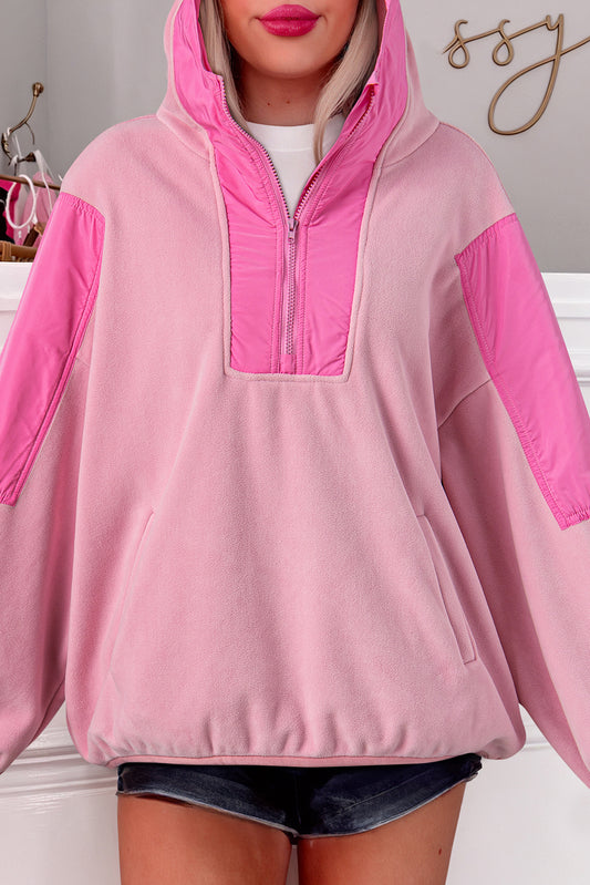 Pink Colorblock Patchwork Halbzip übergroße Sherpa Hoodie