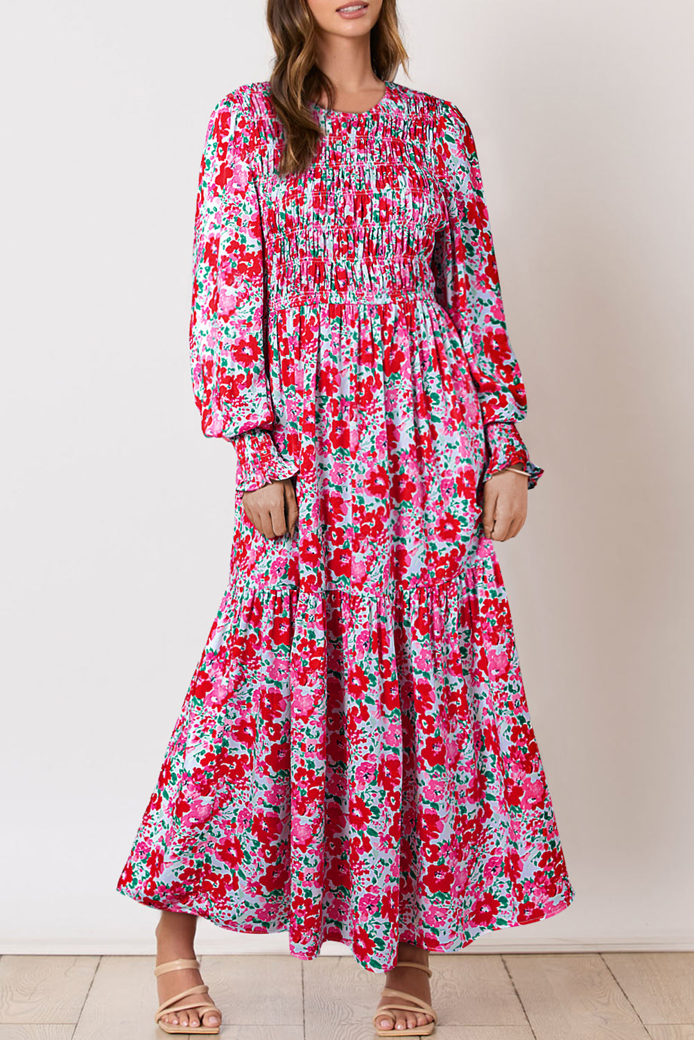 Robe longue à volants et manches lanternes smockées à imprimé floral bleu ciel