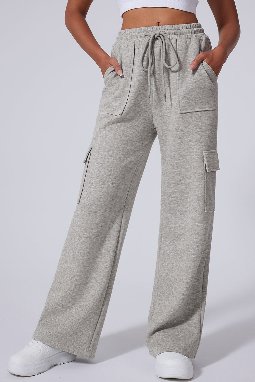 Pantalon d'entraînement à jambes larges et multi-poches à lacets taille haute gris clair