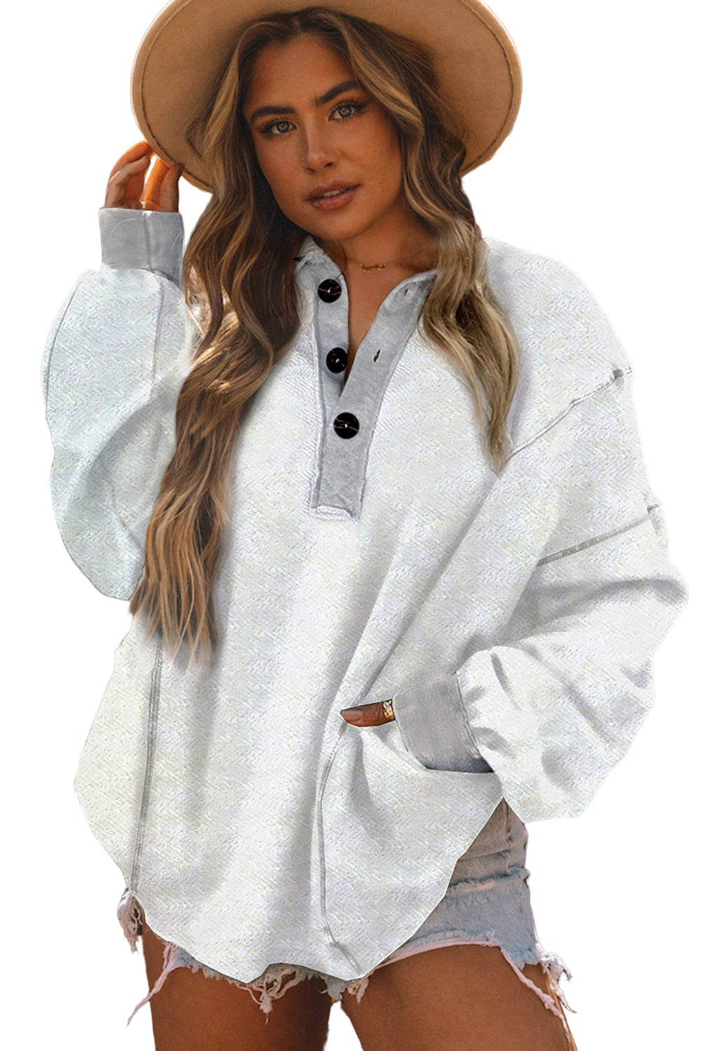 White Textured Side Pockets Buttoned Neckline Sweatshirt