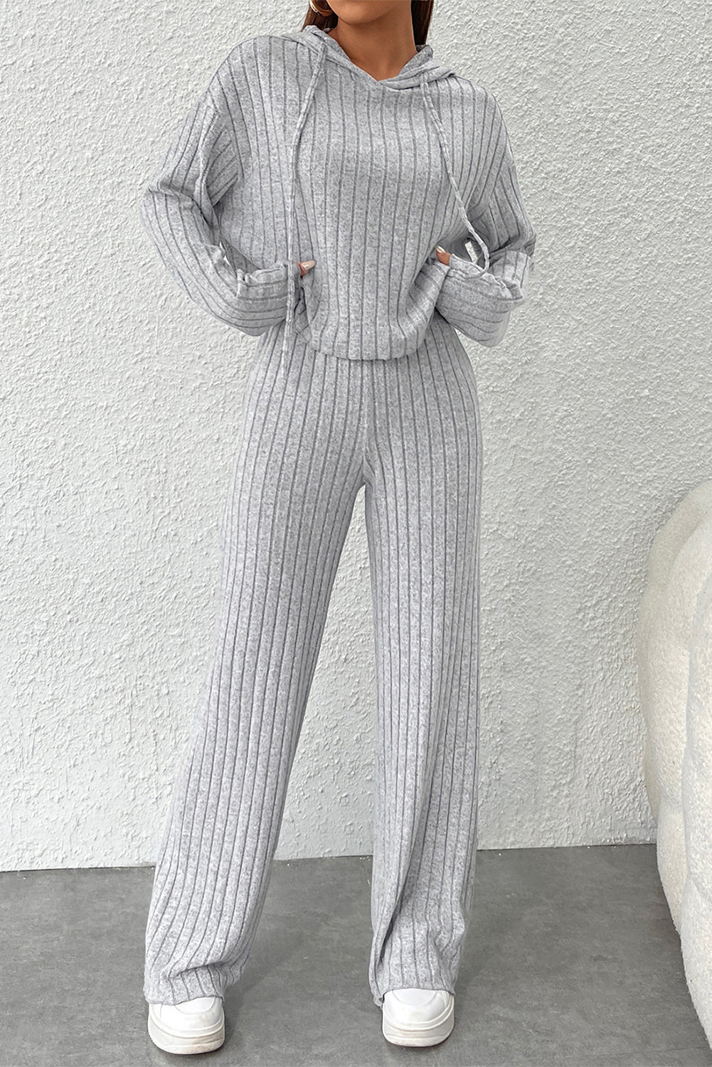 Grey Ribbed Knit Hooded Wide Leg Pant Set