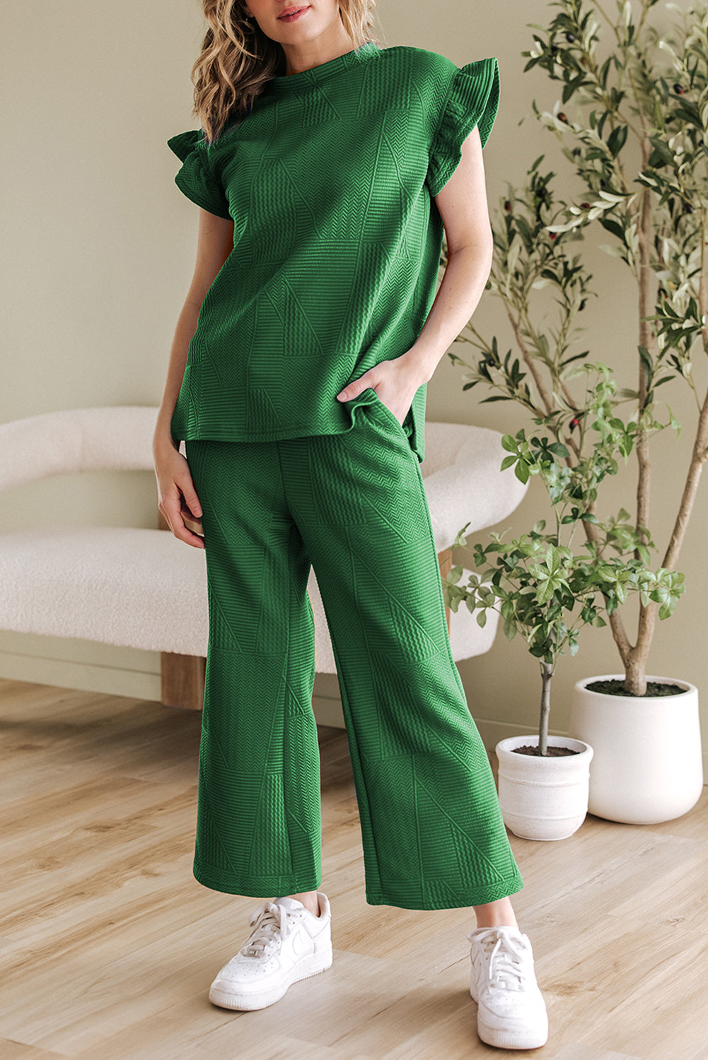 Dark Green Ruffle Sleeve Summer Top and Loose Short Pants Set