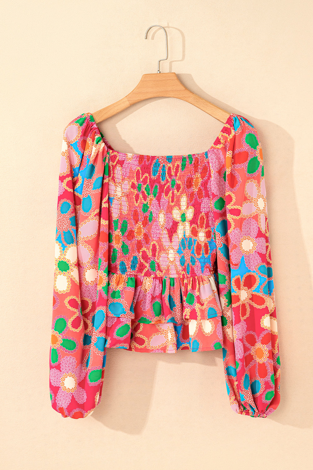 Multicolor Floral Print Smocked Square Neck Ruffles Blouse