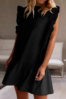 Vestido recto negro con mangas flotantes y cuello redondo