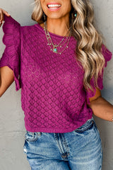 Pull en tricot texturé à manches courtes et volants violet