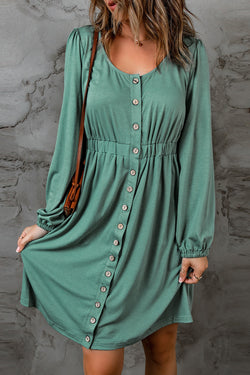 Green long sleeve high waist buttoned dress