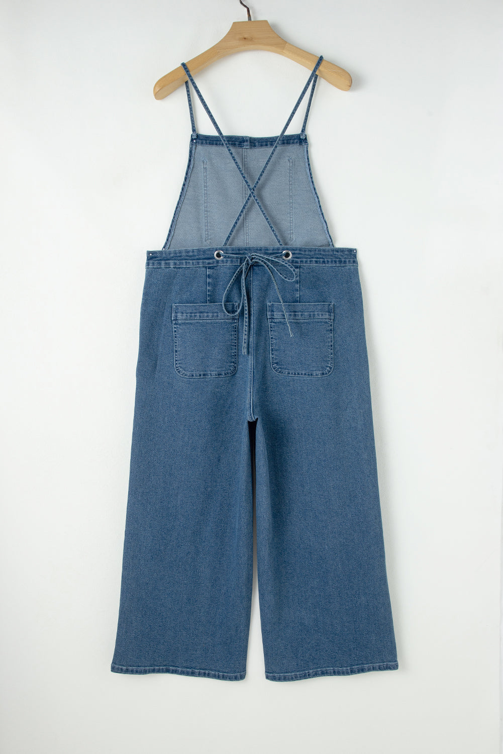 Dusk Blue Adjustable Tie Straps Cropped Wide Leg Denim Overalls