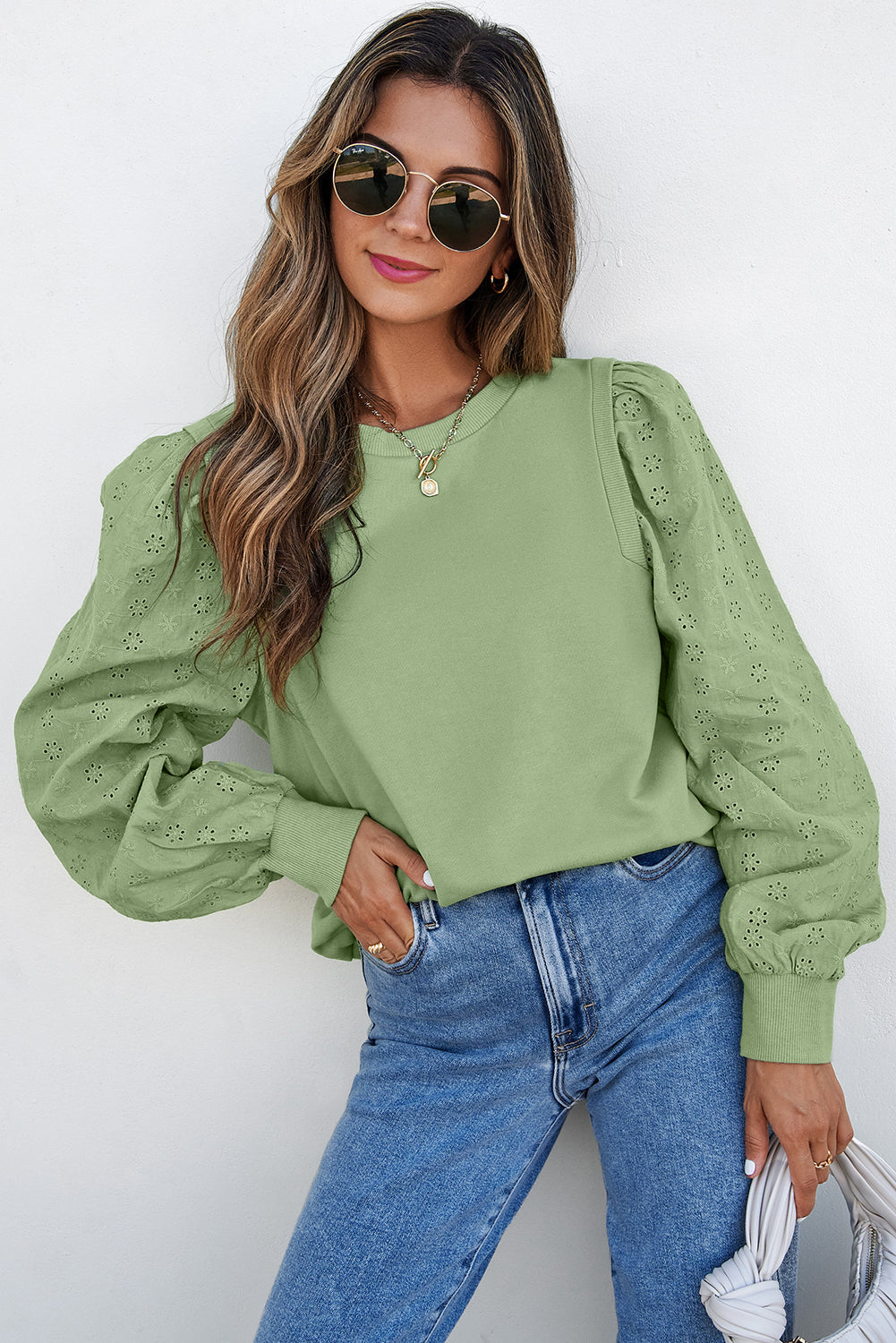 Sweat-shirt à col rond et manches patchwork uni vert brume