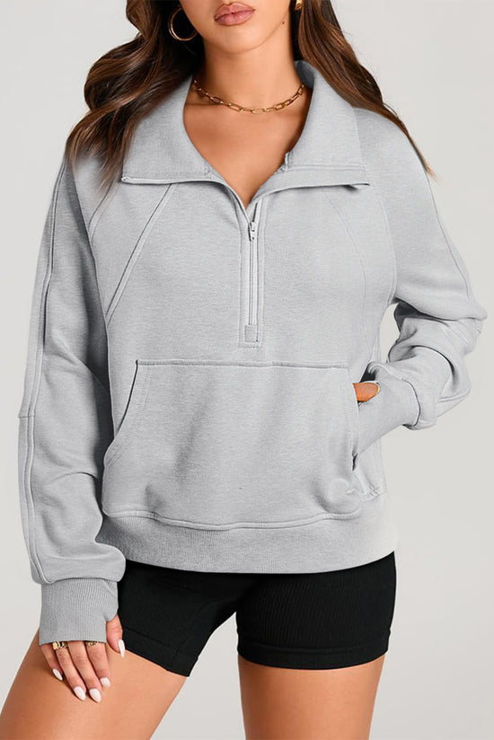 Light gray sweatshirt with stand-up collar and kangaroo pocket with quarter-turn zip