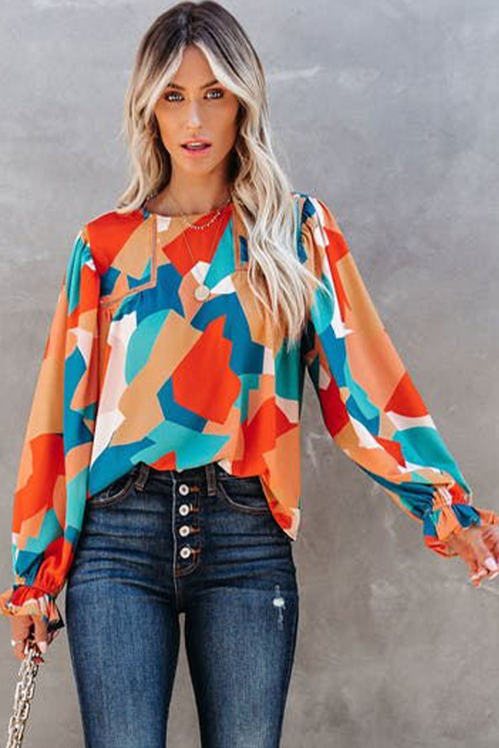 Multicolore Abstract Pattern Crewnack Clewle Sholeve Blouse