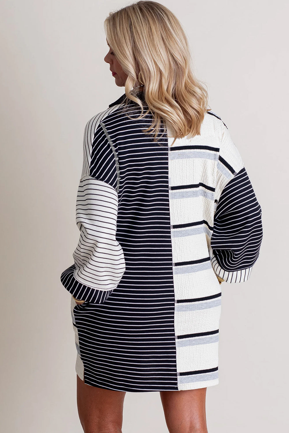 Black Stripe Colorblock Knit Henley Collar Shift Manga larga Mini Vestido