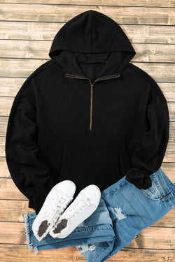 Black loose hoodie with kangaroo pockets and semi-ferms flash lined with fleece