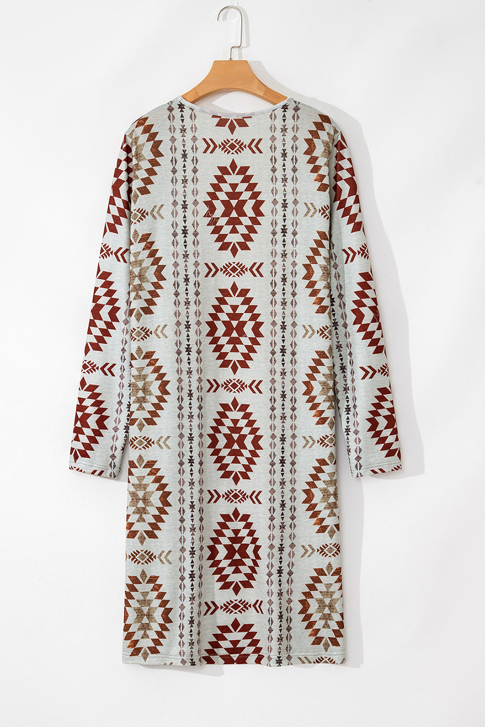 Brown Aztec Western Print Open Front Long Cardigan