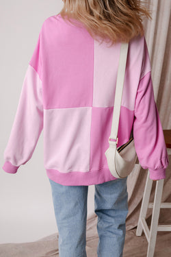 Henley High Low Pink Color Block Oversized Sweatshirt