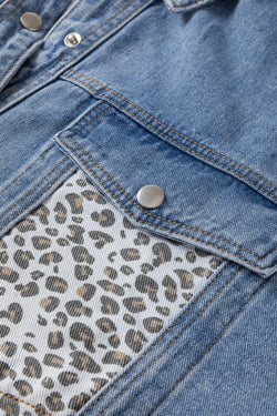 Beau Blue - Plus Size Denim Jacket with Flap Detail and Leopard Patchwork