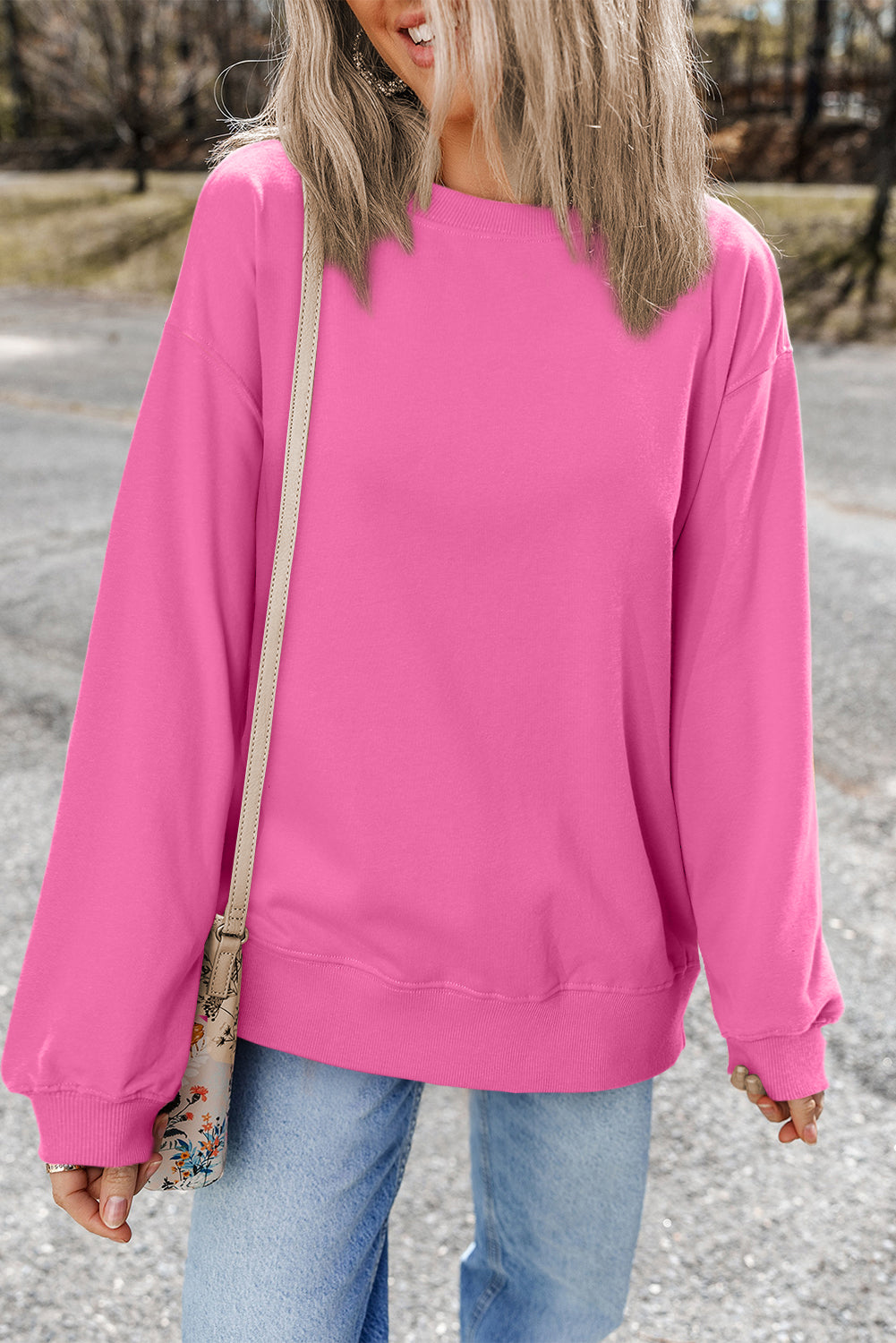 Bonbon Plain Drop Shoulder Crewneck Pullover Sweatshirt