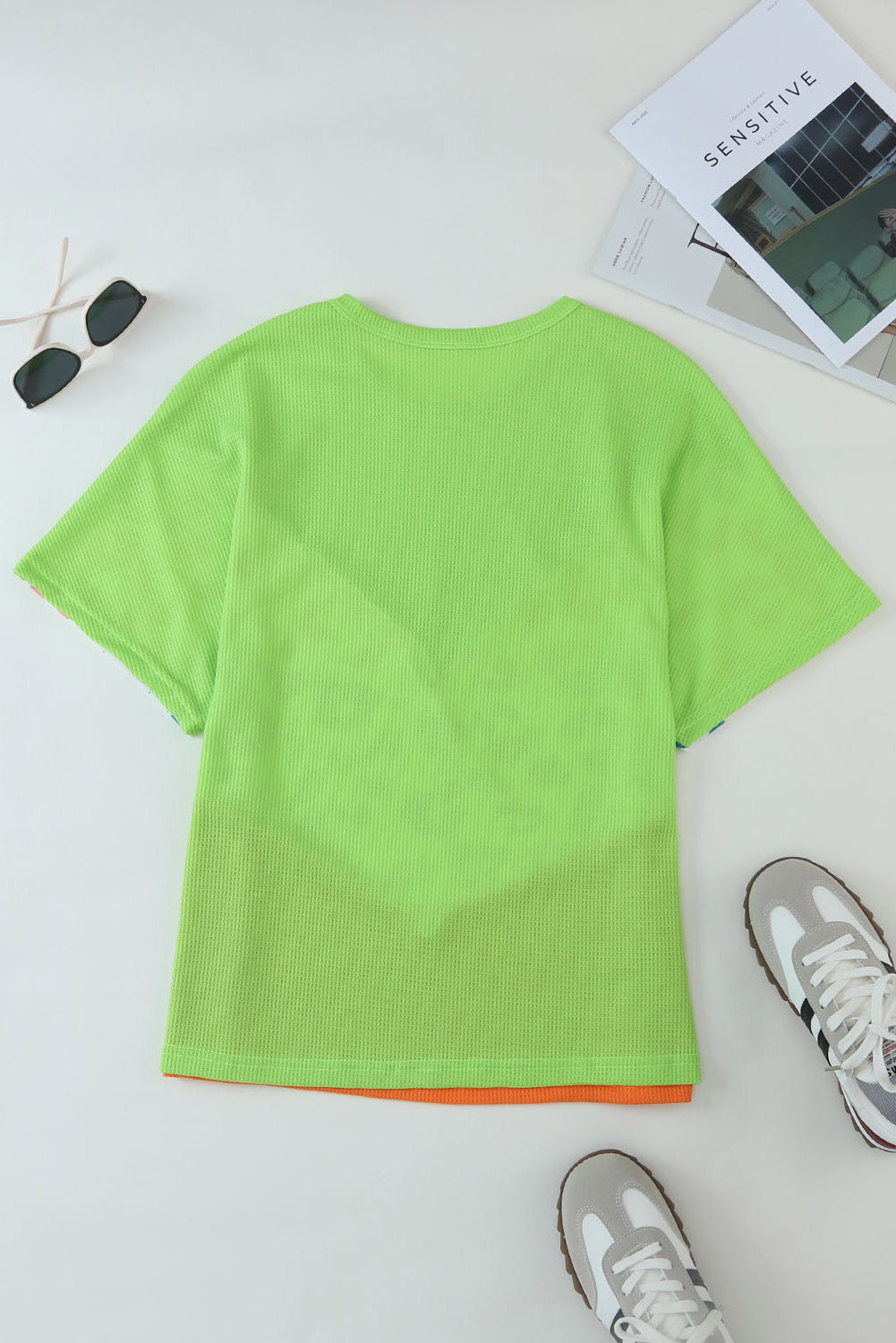 Green Color Block Leopard Waffle Knit Patchwork T-Shirt