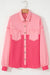 Loose-fitting buttoned jacket in two-tone contrasting waffle knit with peach blossoms