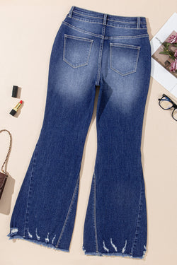 High-waisted, double-button, distressed, raw-hem, sail blue flared jeans