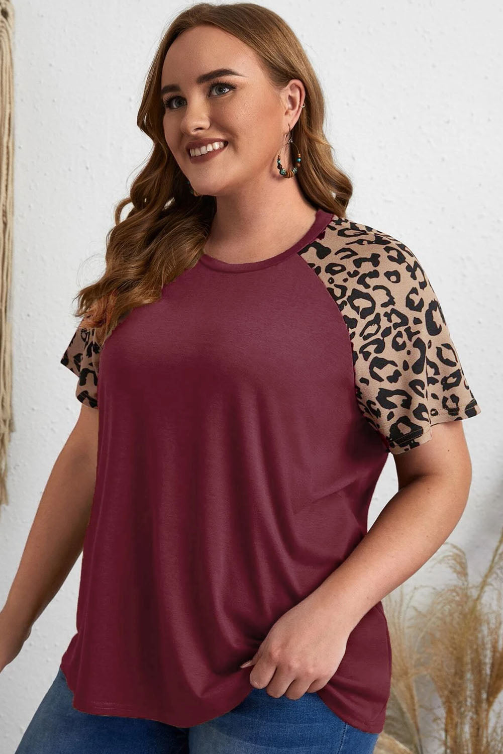 Borgogna Contrasto Leopard Raglan Sleeve T-shirt Plus size