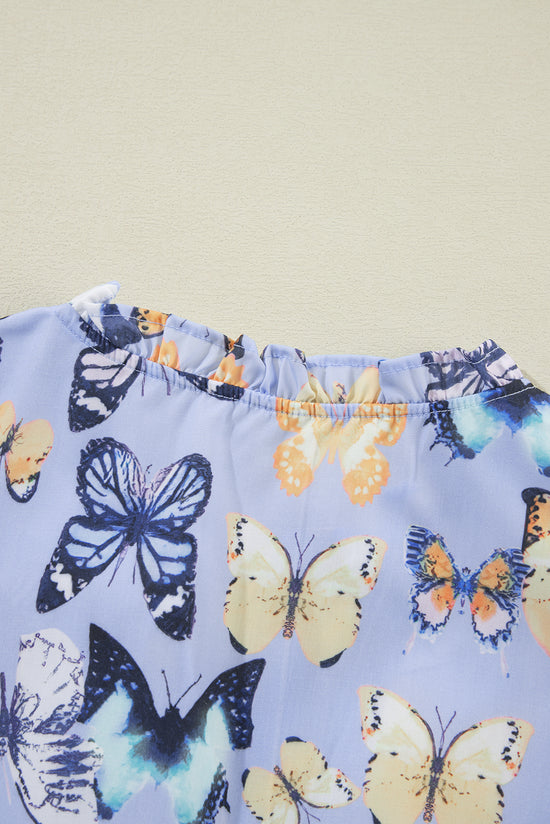 Vestido púrpura reforzado con púrpura con mangas cortas y hemáticas y estampado de mariposa