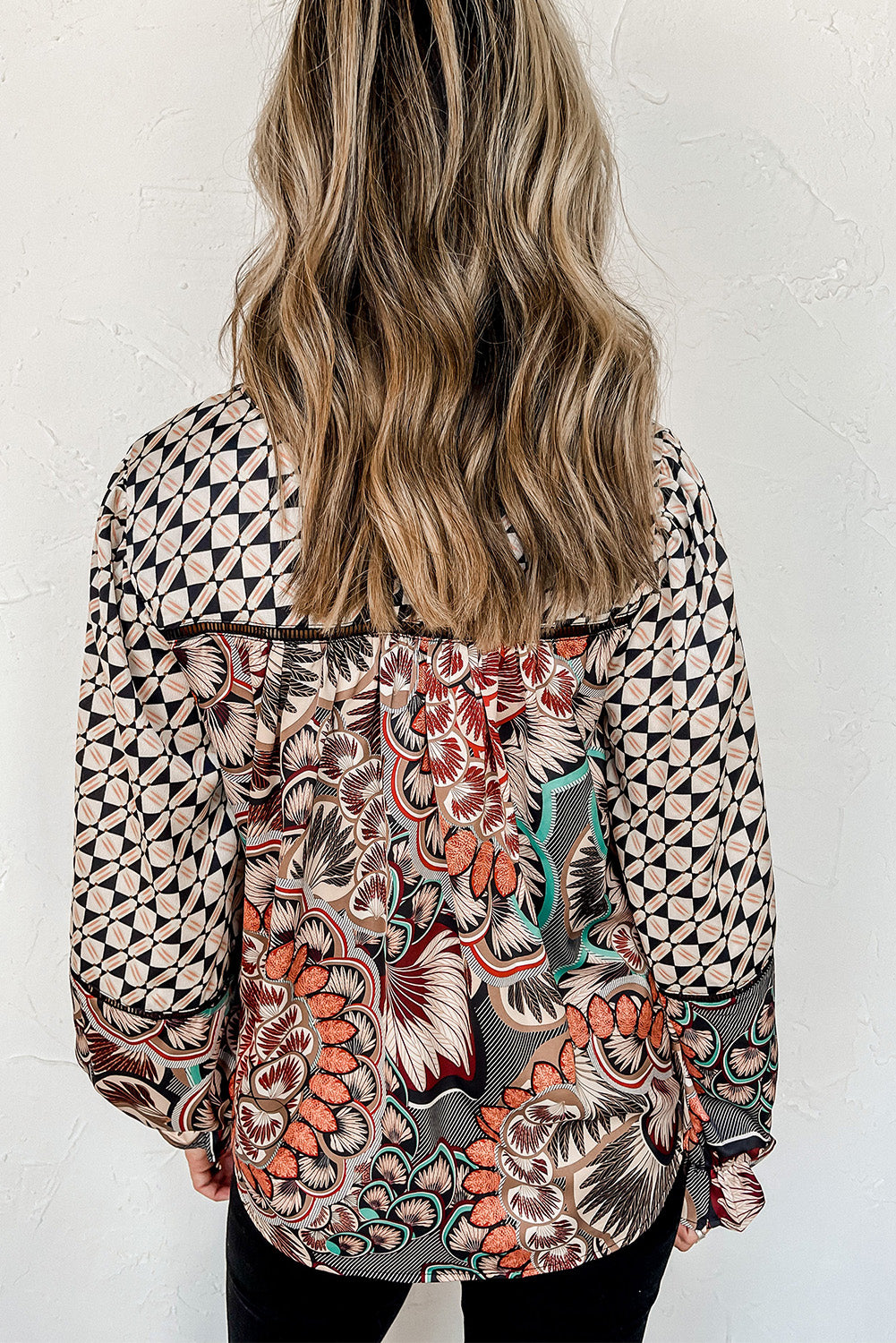 Black Mixed Floral Geometric Print Ruffled Long Sleeve Blouse