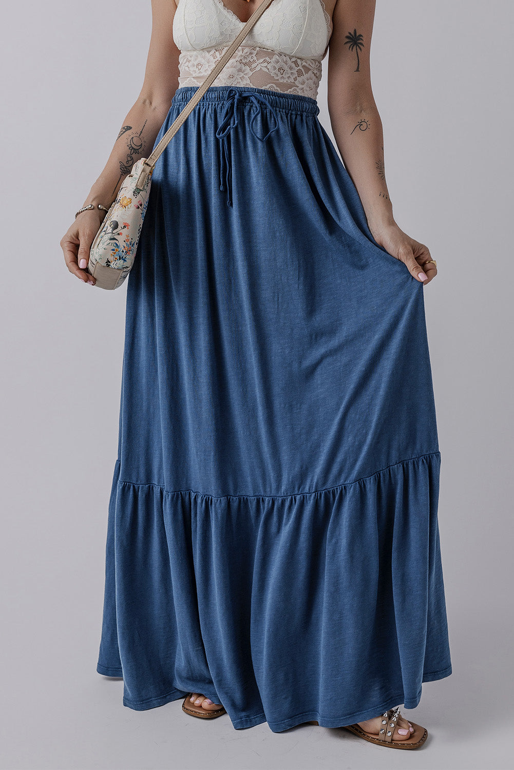 Sail Blue Solid Color Lace up High Waist Tiered Maxi Skirt