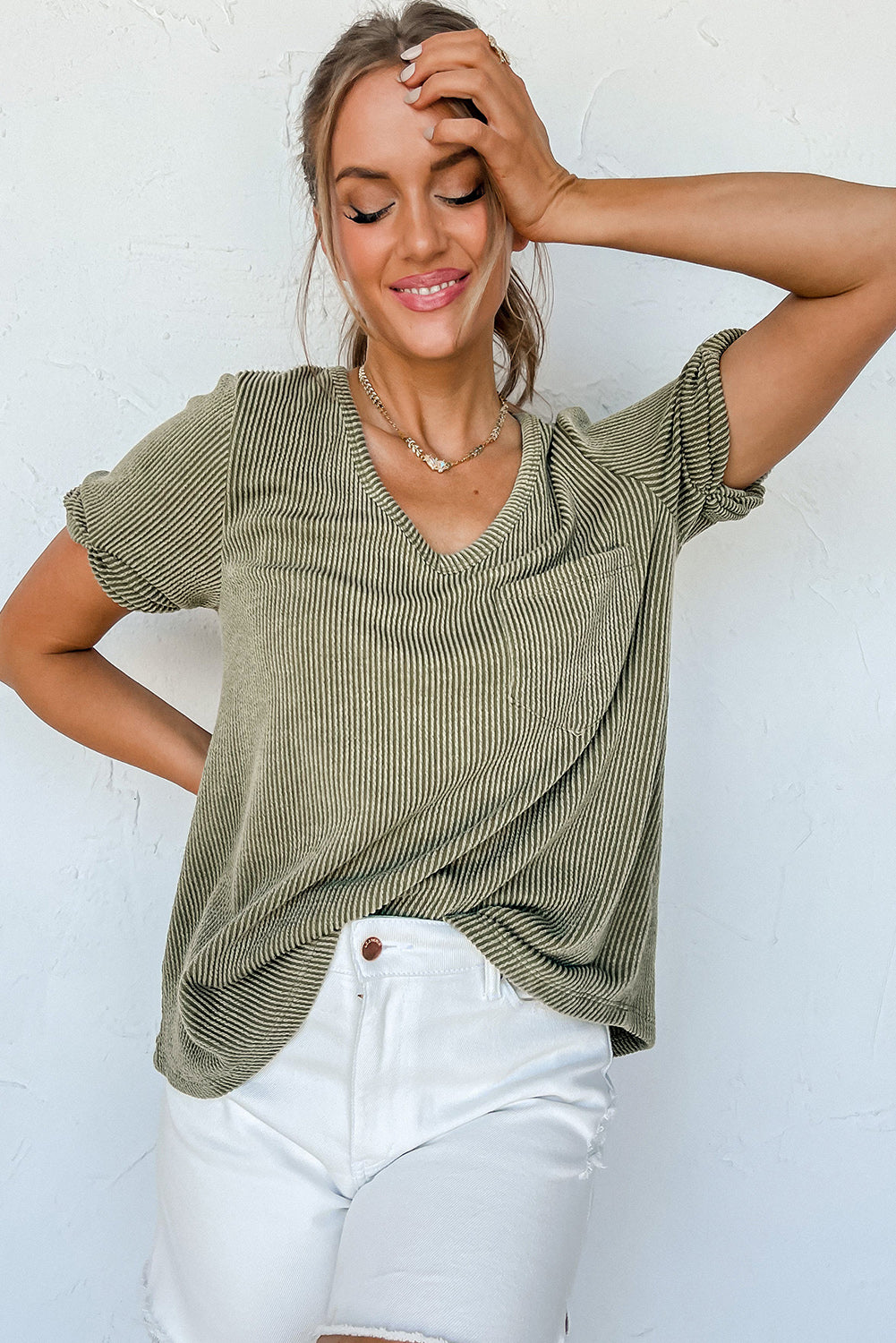 Laurel Green Twist Short Sleeve Corded V Neck Top