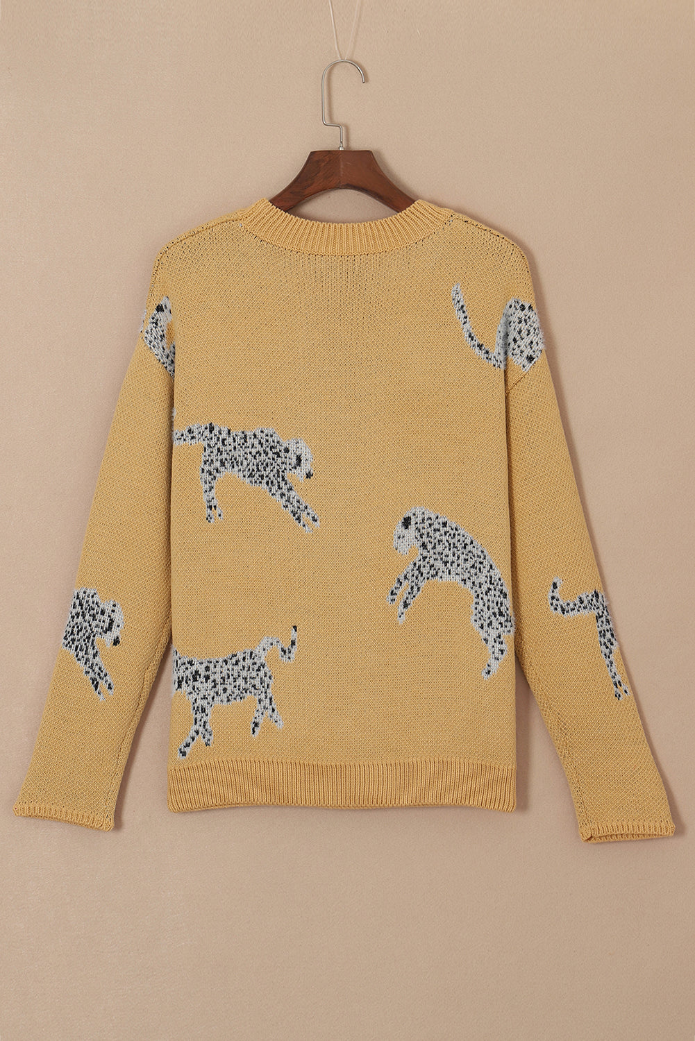 Camel Fuzzy Cheetah Accent Round Neck -Pullover