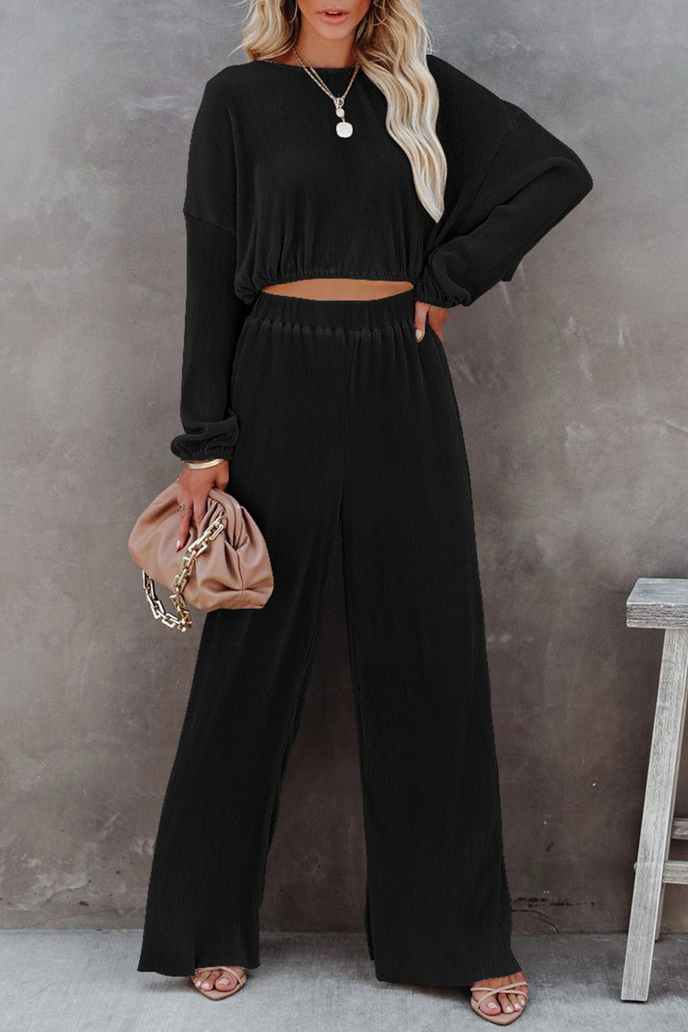 Black cord cropped sweater and wide leg pants set