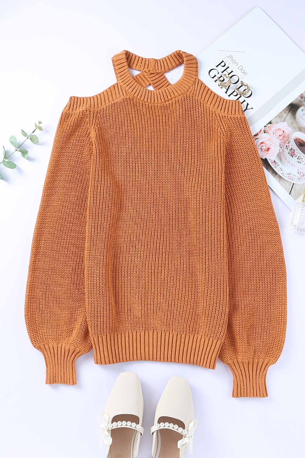 Brown crew neck sweater with off the shoulder back