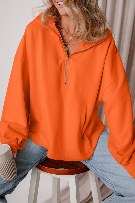 Orange full hooded sweatshirt with kangaroo pockets and semi-ferms flash doubled with fleece