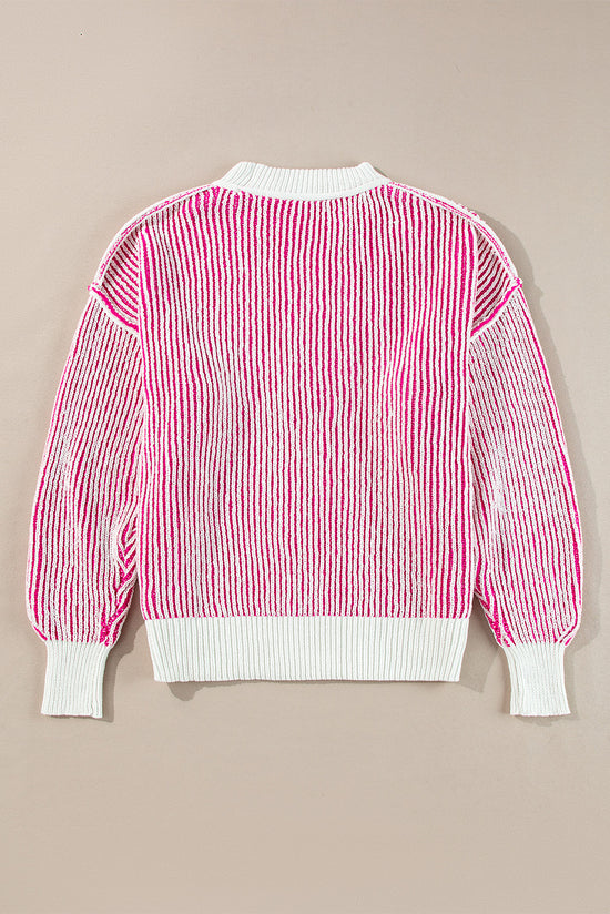 Pull ample à bords contrastés en tricot texturé à rayures rose vif