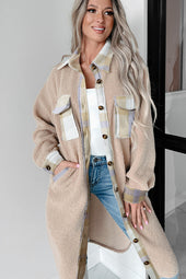 Long sherpa coat with patchwork collar and smoke gray checks