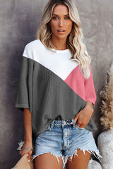 T-shirt with mid-long sleeve in embodied knitting color block pink strawberry