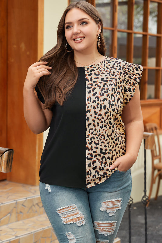 Manicotto flutter a blocchi di contrasto leopardo nero top