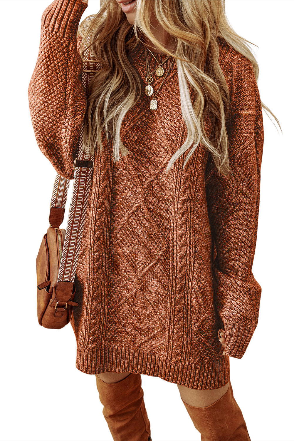 Coffee Cable Knit Drop Shoulder Loose Fit Sweater Dress