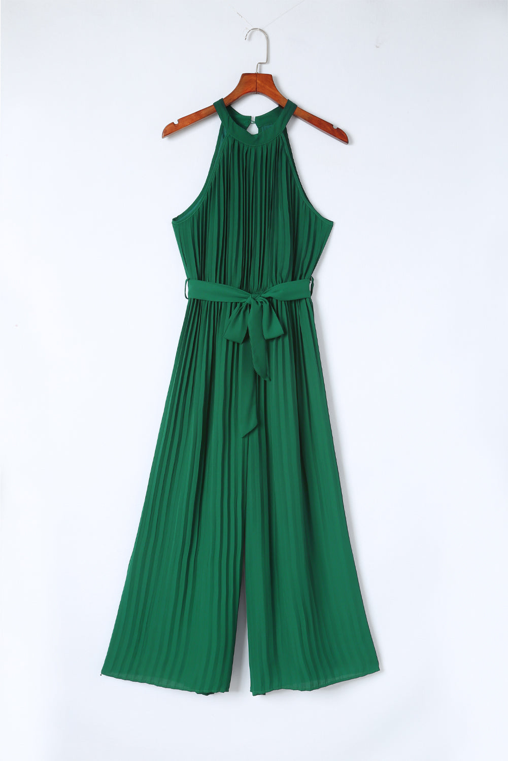 Green Pleated Halter Neck Wide Leg Jumpsuit with Belt