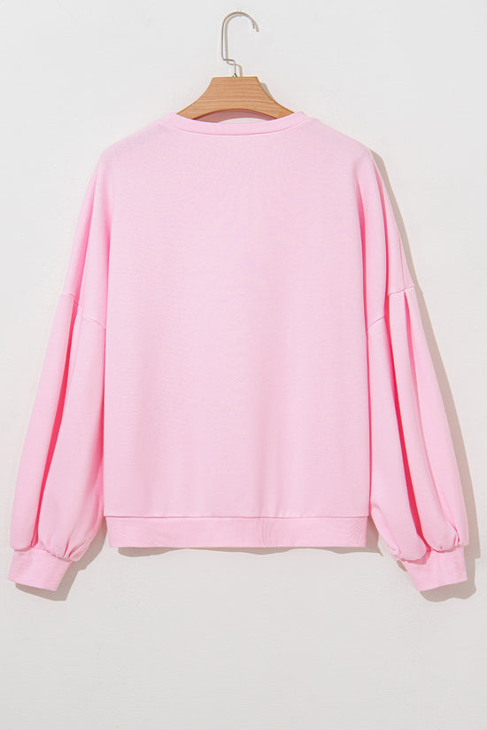 Light Pink Embroidered Bow Lantern Sleeve Oversized Sweatshirt