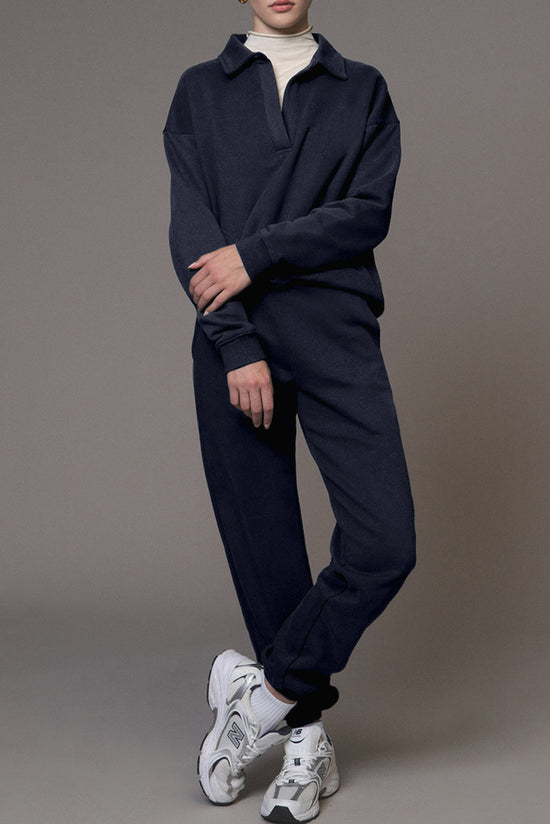 Swears and navy blue jogging sweater and pants in folded collar