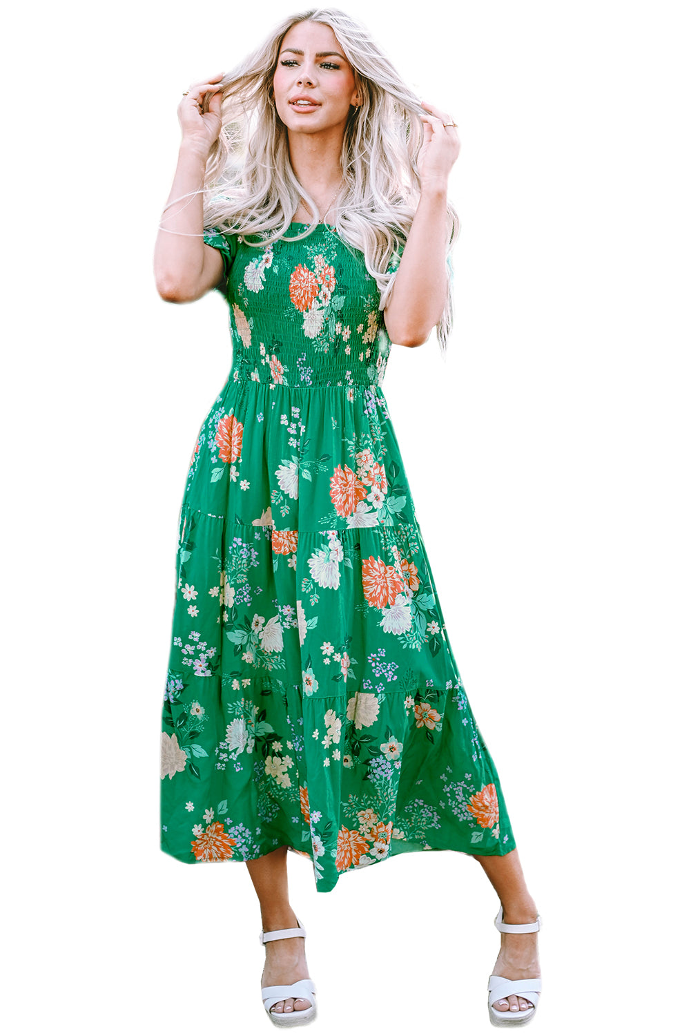 Vestido de midi de estampado de estampado floral verde con estampado floral