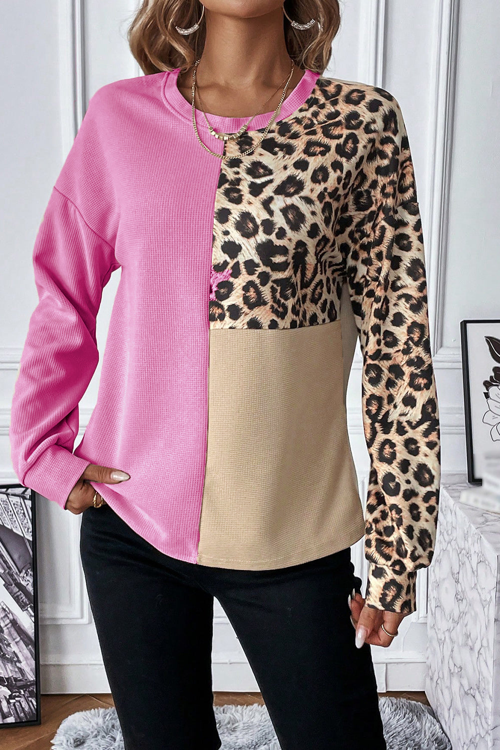 Bonbon Leopard Colorblock Waffle Knit Top