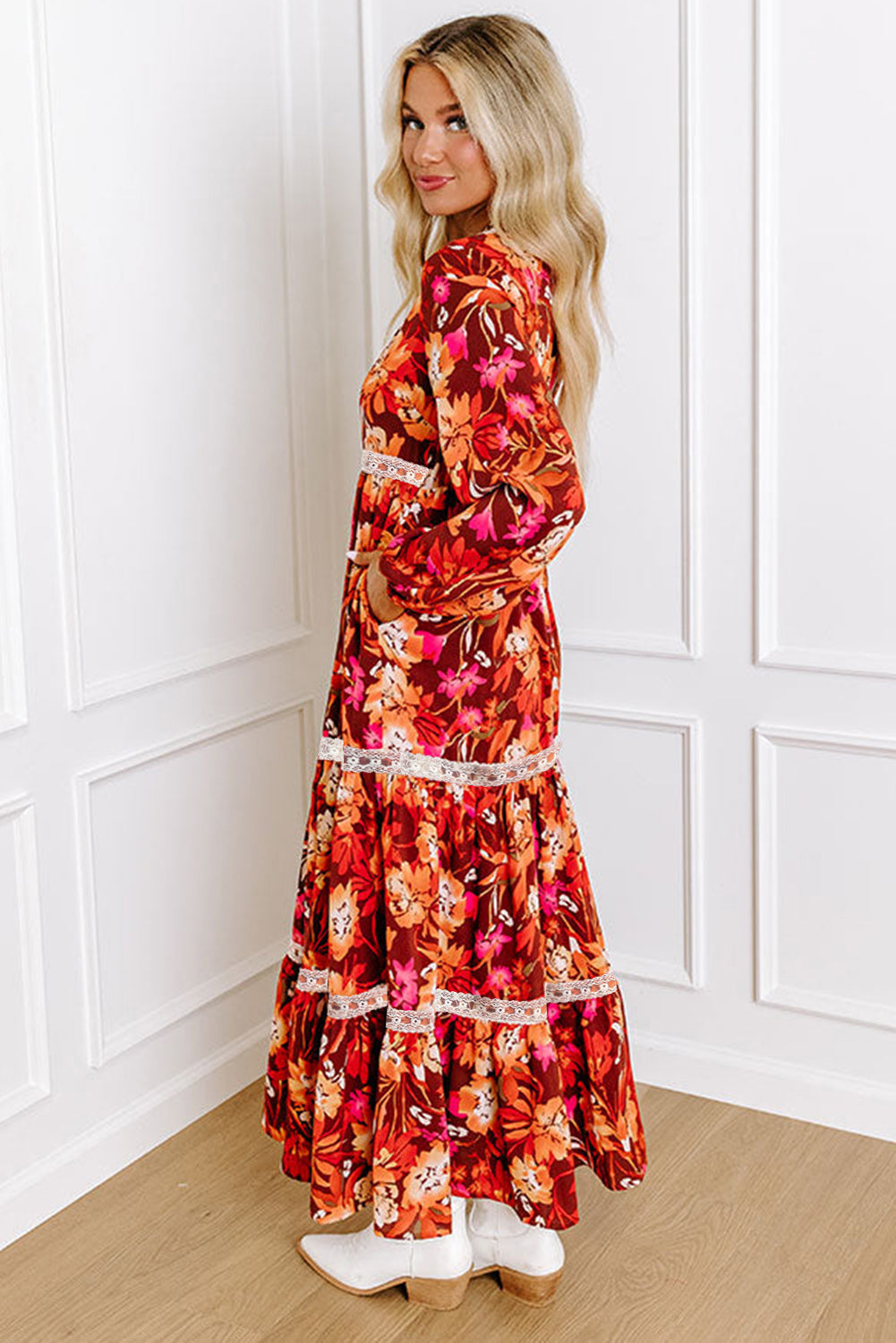 Orange Floral Print V-Neck Lace Trim Patched Maxi Dress