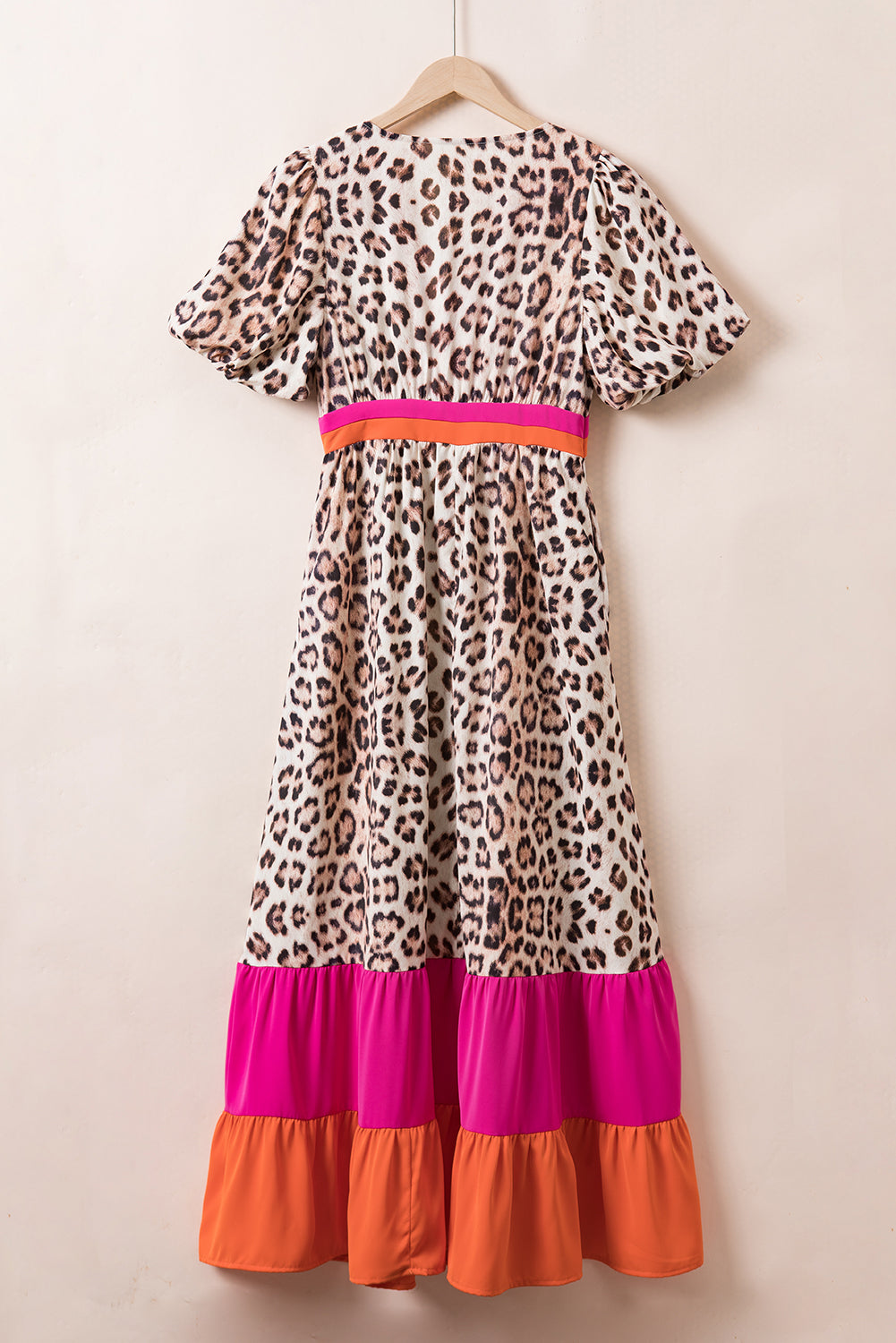 Hot pink leopard color block patchwork bubble sleeve maxi dress